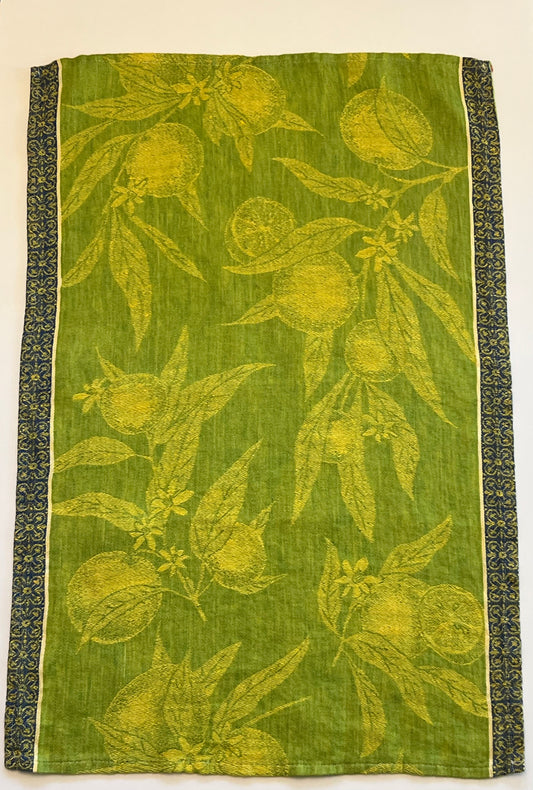 Linen Kitchen Towel- GREEN JACQUARD WITH ORANGES