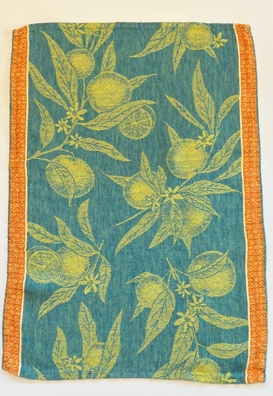 Linen Kitchen Towel- BLUE JACQUARD WITH ORANGES