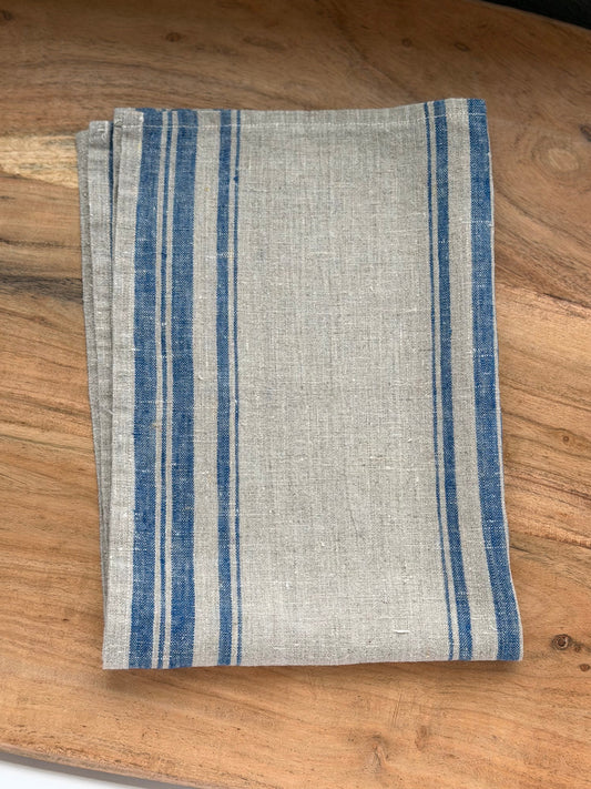 Linen Kitchen Towel- NATURAL WITH BLUE STRIPES