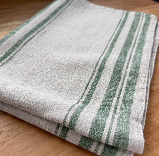 Linen Kitchen Towel-NATURAL WITH SAGE STRIPES