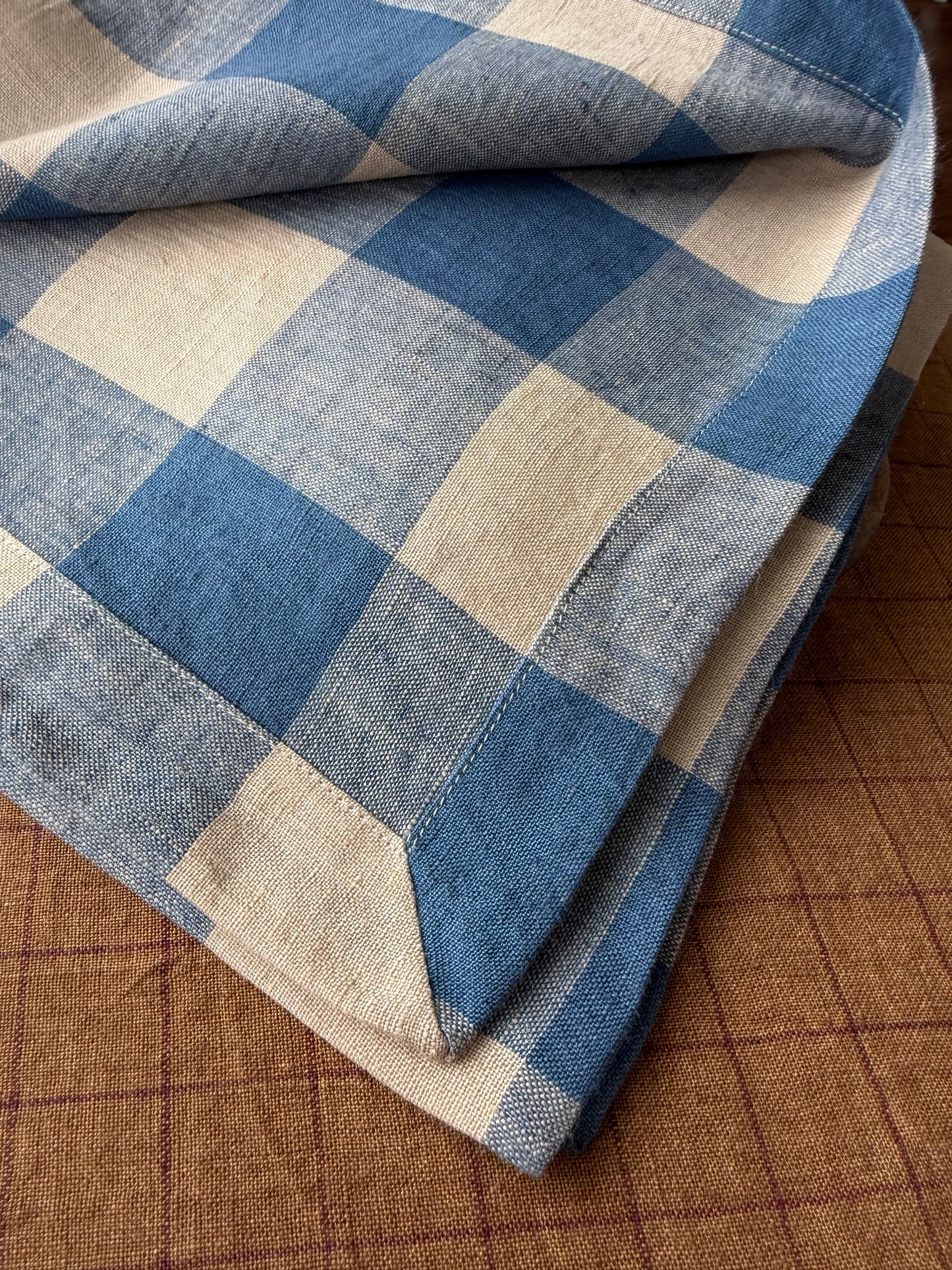 Smooth Linen Napkin- JUMBO GINGHAM- DUSTY CORNFLOWER BLUE WITH ECRU