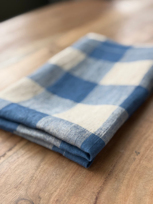 Smooth Linen Napkin- JUMBO GINGHAM- DUSTY CORNFLOWER BLUE WITH ECRU