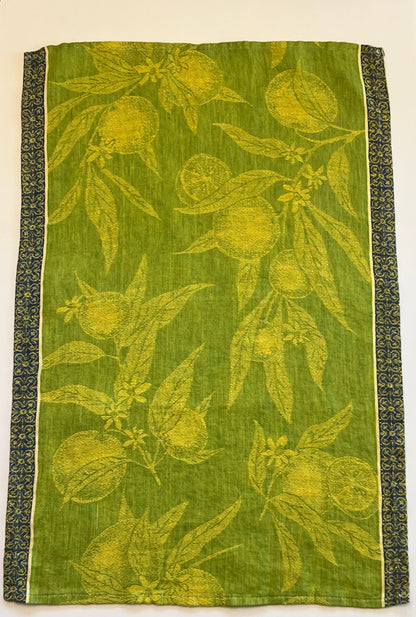 Linen Kitchen Towel- GREEN JACQUARD WITH ORANGES
