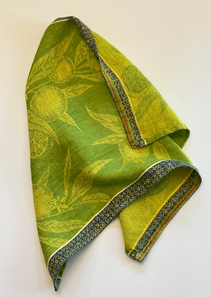 Linen Kitchen Towel- GREEN JACQUARD WITH ORANGES