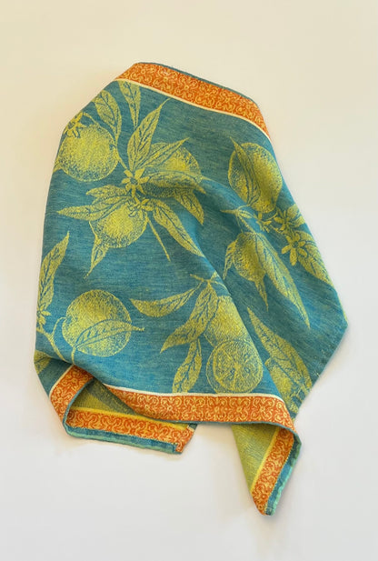 Linen Kitchen Towel- BLUE JACQUARD WITH ORANGES