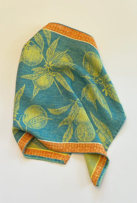 Linen Kitchen Towel- BLUE JACQUARD WITH ORANGES