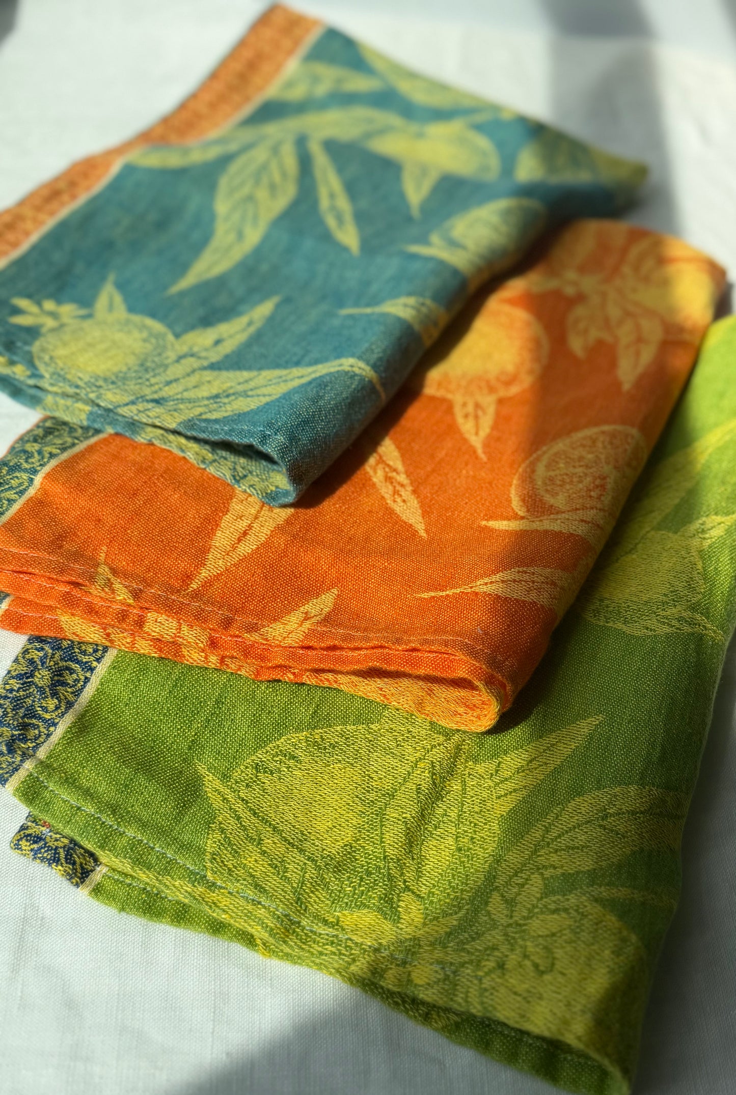 Linen Kitchen Towel- GREEN JACQUARD WITH ORANGES