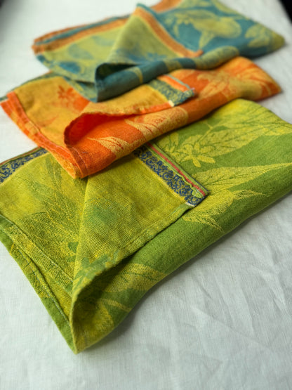 Linen Kitchen Towel- GREEN JACQUARD WITH ORANGES