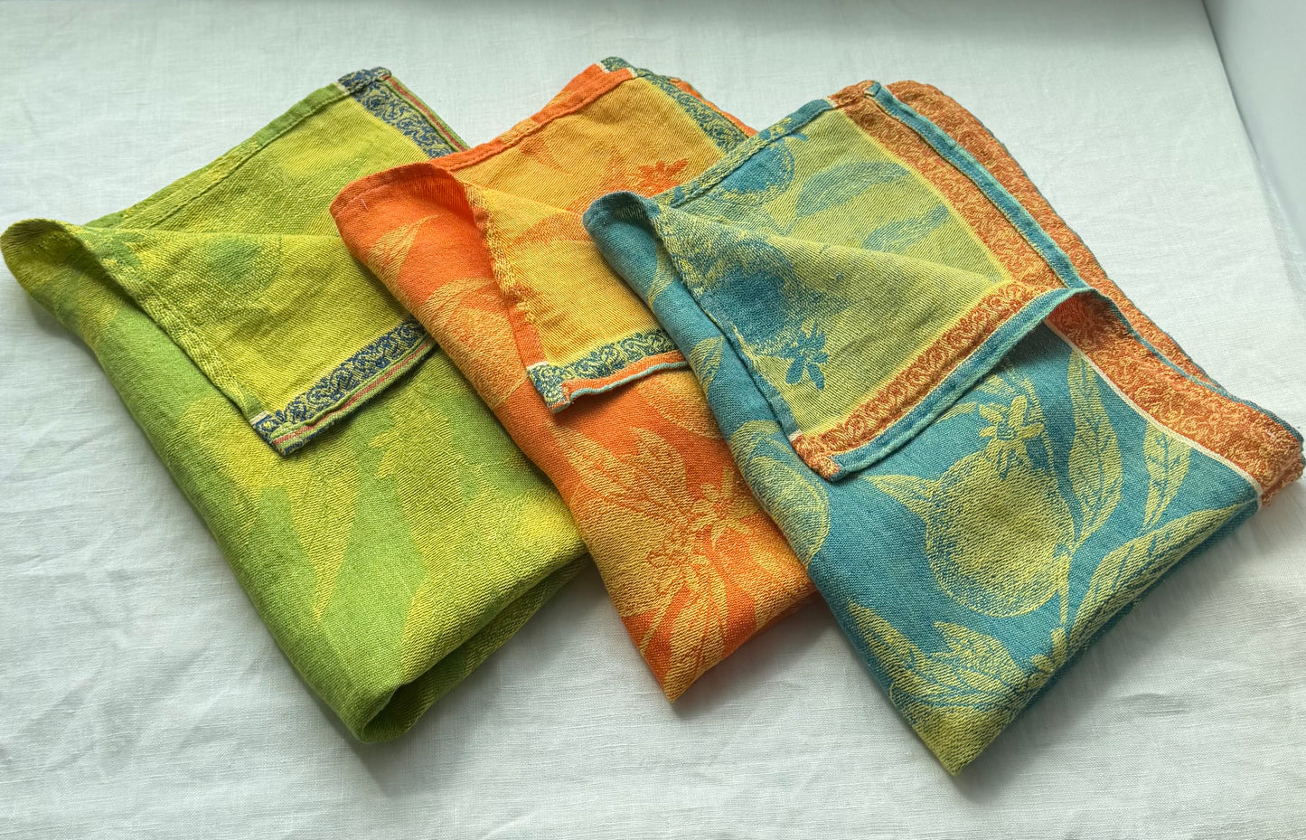 Linen Kitchen Towel- GREEN JACQUARD WITH ORANGES