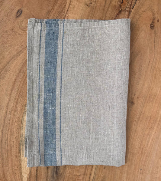 Linen Kitchen Towel- NATURAL WITH DENIM BLUE STRIPES