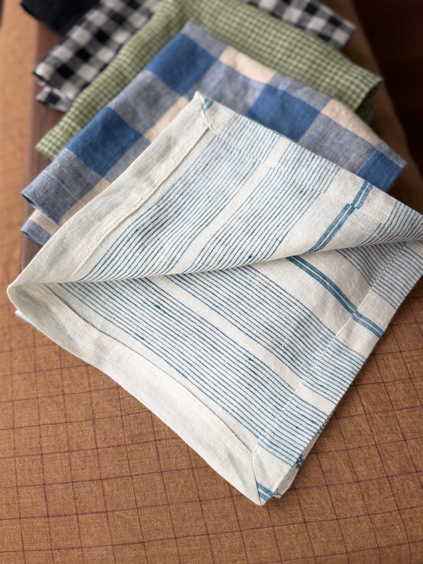 Smooth Linen Napkin- Cream with Blue Stripes