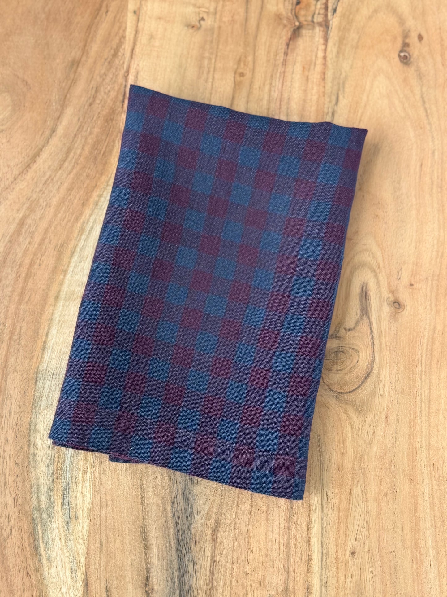 Smooth Linen Napkin- RICH PLUM AND NAVY GINGHAM