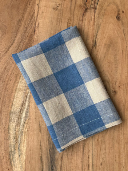 Smooth Linen Napkin- JUMBO GINGHAM- DUSTY CORNFLOWER BLUE WITH ECRU