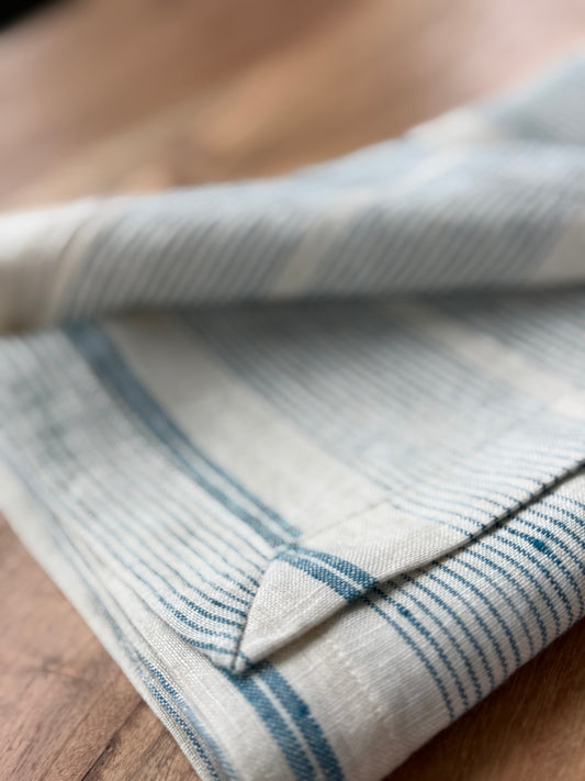 Smooth Linen Napkin- Cream with Blue Stripes